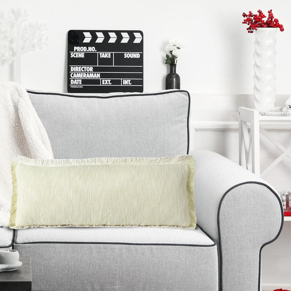 Yellow and White Cotton Rectangular Lumbar Throw Pillow with Fringe