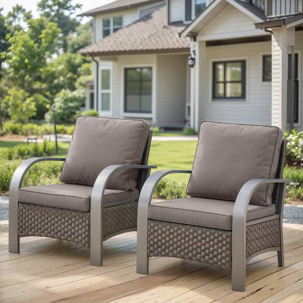 Porch Brown Wicker Outdoor Lounge Chair with Gray Cushions and Curved Metal Armrest (2-Pack)