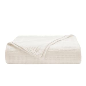 Waffle Grid 1-Piece White Cotton Full/Queen Blanket