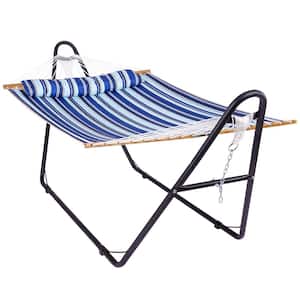 10 ft. Quilted 2-Person Hammock Bed with Stand, up to 475-Capacity, Pillow Included, Blue Stripes