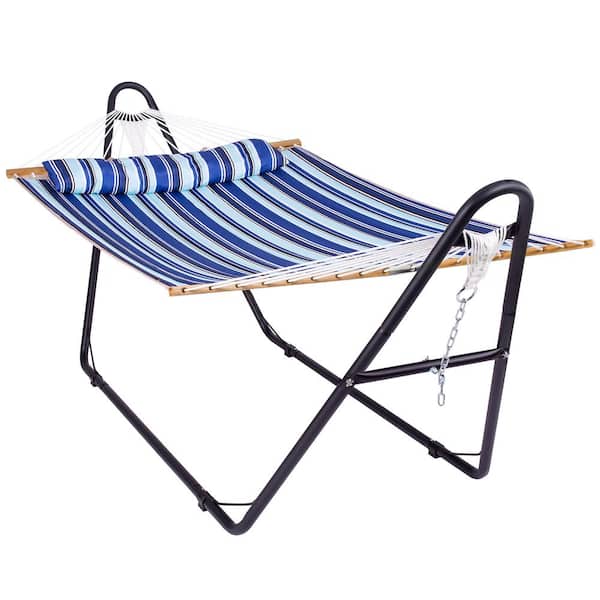 Atesun 10 ft. Quilted 2-Person Hammock Bed with Stand, up to 475-Capacity, Pillow Included, Blue Stripes