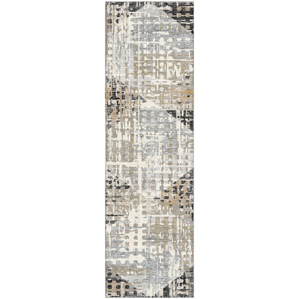 Mayfield Premium Machine Washable Abstract AMF2116 Black 2 ft. x 7 ft. Runner Rug