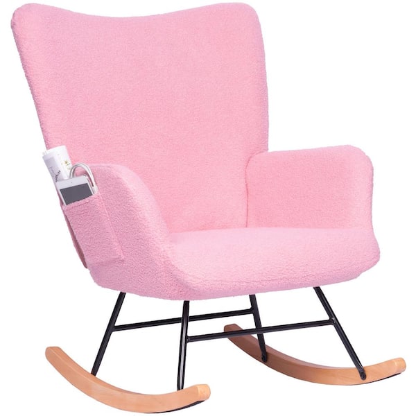 VECELO Nursery Rocking Chair, Teddy Fabric Nursing Chair, Rocker Glider Chair with High Backrest for Bedroom Living Room, Pink