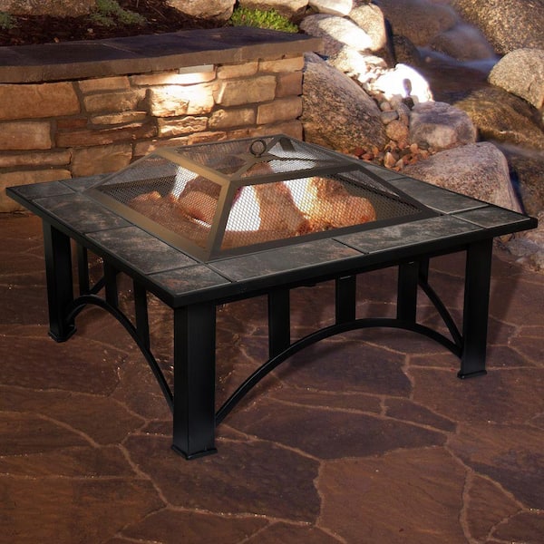 33 in. Square Steel Tile Fire Pit with Cover