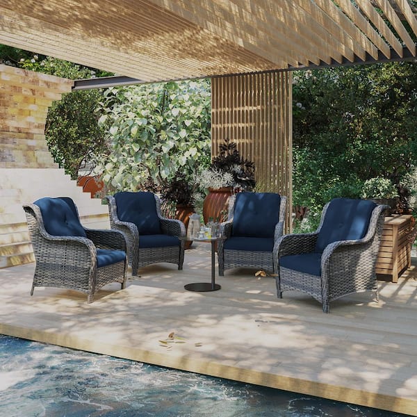 Ergonomic Arm 4-Piece Patio Wicker Outdoor Lounge Chair with Blue Cushions