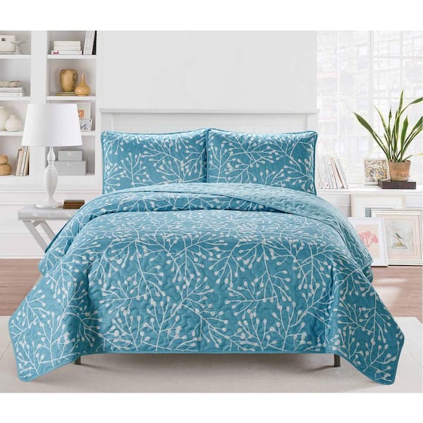 Harper Lane Branches 3-Piece Aqua Microfiber King Quilt Set 13506