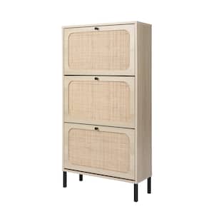 24 in. W x 9.45 in. D x 49 in. H Natural Beige Linen Cabinet with 3 Rattan Flip Drawers Shoe Cabinet for Entryway