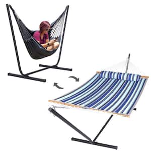 12 ft. 2-in-1 Indoor/Outdoor Hammock Swing Chairs with Stand Included, Heavy-Duty Hammock in Blue Stripes (2-Person)