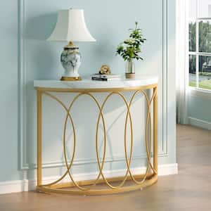 Eileen 43.3 in. Gold Half-Moon Wood Console Table with Unique Geometric Metal Frame