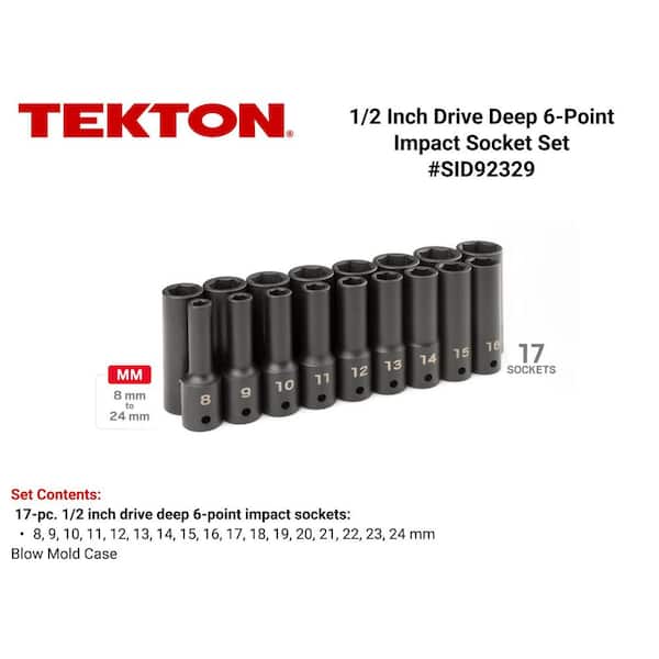 TEKTON 8 mm to 24 mm 1/2 in. Drive Deep 6-Point Impact Socket Set
