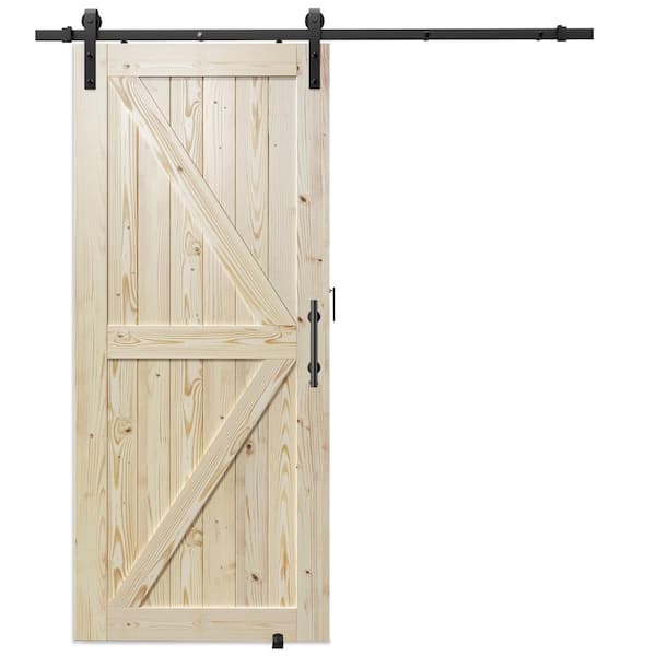 GOLDENPOLEY K Model 38 in. x 84 in. Unfinished Natural Solid Wood Interior Sliding Barn Door with Hardware Kit