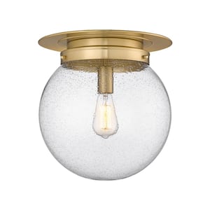 Calhoun 13 in. 1-Light Heritage Brass Modern Farmhouse Flush Mount with Clear Seeded Glass Shade and No Bulbs Included