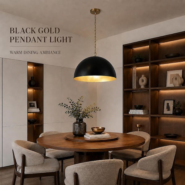 Zevni 23.6 in. 1-Light Modern Black and Gold Dome Pendant Light