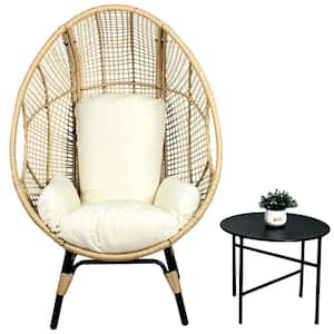 Natural Large Wicker Egg Chair Indoor Outdoor Lounge Chair with Side Table and Beige Cushion