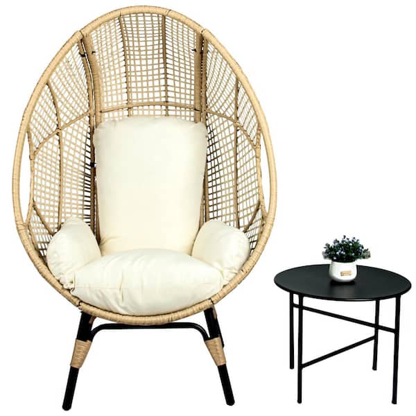 Harper & Bright Designs Natural Large Wicker Egg Chair Indoor Outdoor Lounge Chair with Side Table and Beige Cushion