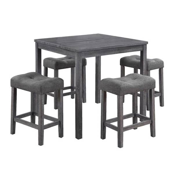 Benjara Dana 5-Piece Square Smooth Gray Wood Counter Height Table Set with Deep Tufted Stools Seats 4