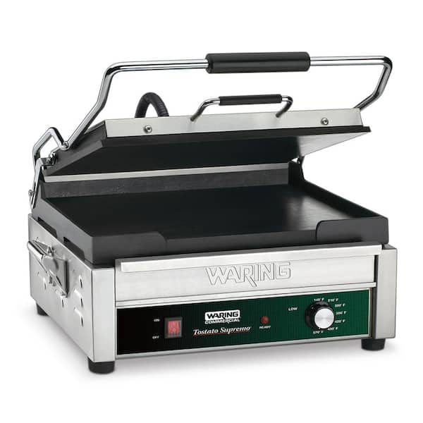 Waring Commercial Full-Sized 14 in. x 14 in. Flat Panini Grill Silver 120-Volt 14 in. x 14 in. Cooking Surface