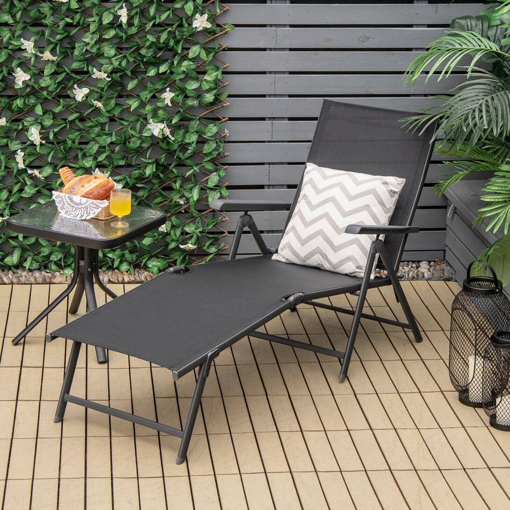 2-Piece Black Foldable Metal Outdoor Chaise Lounges with 2-Position Footres