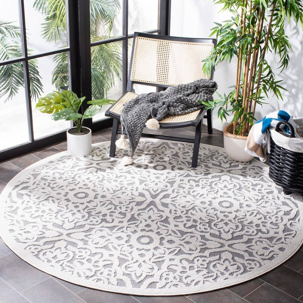 Ivory and Grey Floral Round Synthetic Indoor/Outdoor Rug