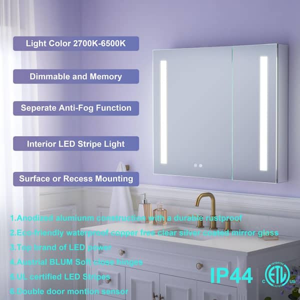 36 in. W x 30 in. H Rectangular Aluminum Recessed or Surface Mount Medicine Cabinet with Mirror and Lighted,,Memory