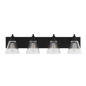 Manor 33 in. 4-Light Matte Black Industrial Bathroom Vanity Light with Clear Glass Shades