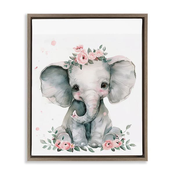 Stupell Industries Nursery Floral Elephant by LSR Design Studio Brown Floater Frame Animal Graphic Art Print 21 in. x 17 in.
