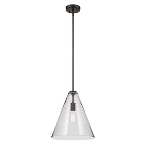 Everly 14.25 in. 1-Light Olde Bronze Modern Shaded Cone Kitchen Hanging Pendant Light with Clear Seeded Glass