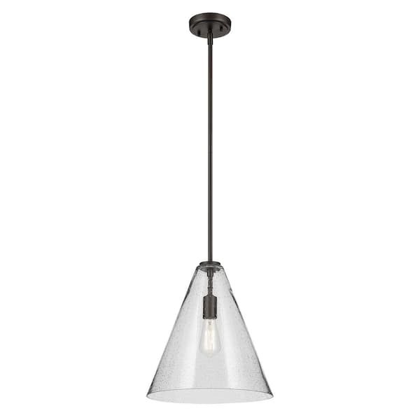 KICHLER Everly 14.25 in. 1-Light Olde Bronze Modern Shaded Cone Kitchen Hanging Pendant Light with Clear Seeded Glass