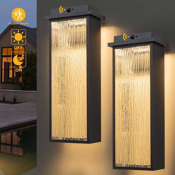 8 in. Black Motion Sensing Dusk to Dawn Outdoor Hardwired Wall Lantern Sconce with Ripple Glass (2-Pack)