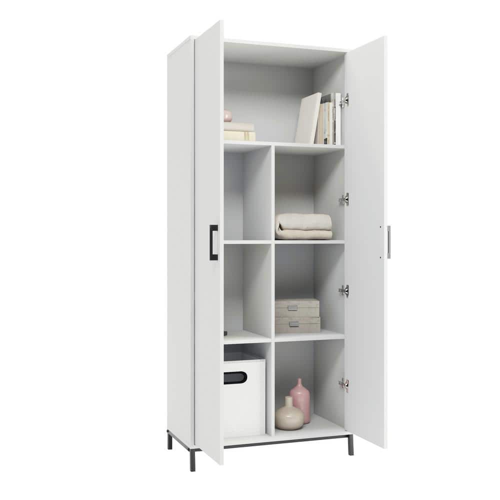 White Tall Storage Cabinet with Adjustable Shelves and Metal Base