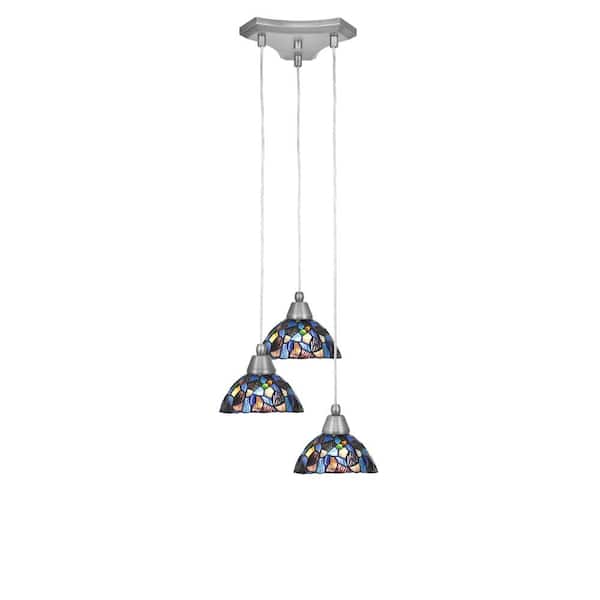 Unbranded Condor 3 Light Brushed Nickel, Cluster Pendant Light with 7 in. Blue Mosaic Art Glass Shades, No bulbs included