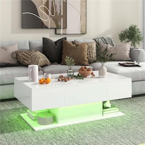 43.5 in. White Rectangle Wood Coffee Table with 2-Drawers 20-Color Dimmable LED Lights and Remote Control