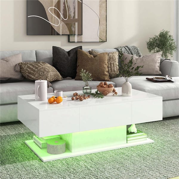 43.5 in. White Rectangle Wood Coffee Table with 2-Drawers 20-Color Dimmable LED Lights and Remote Control