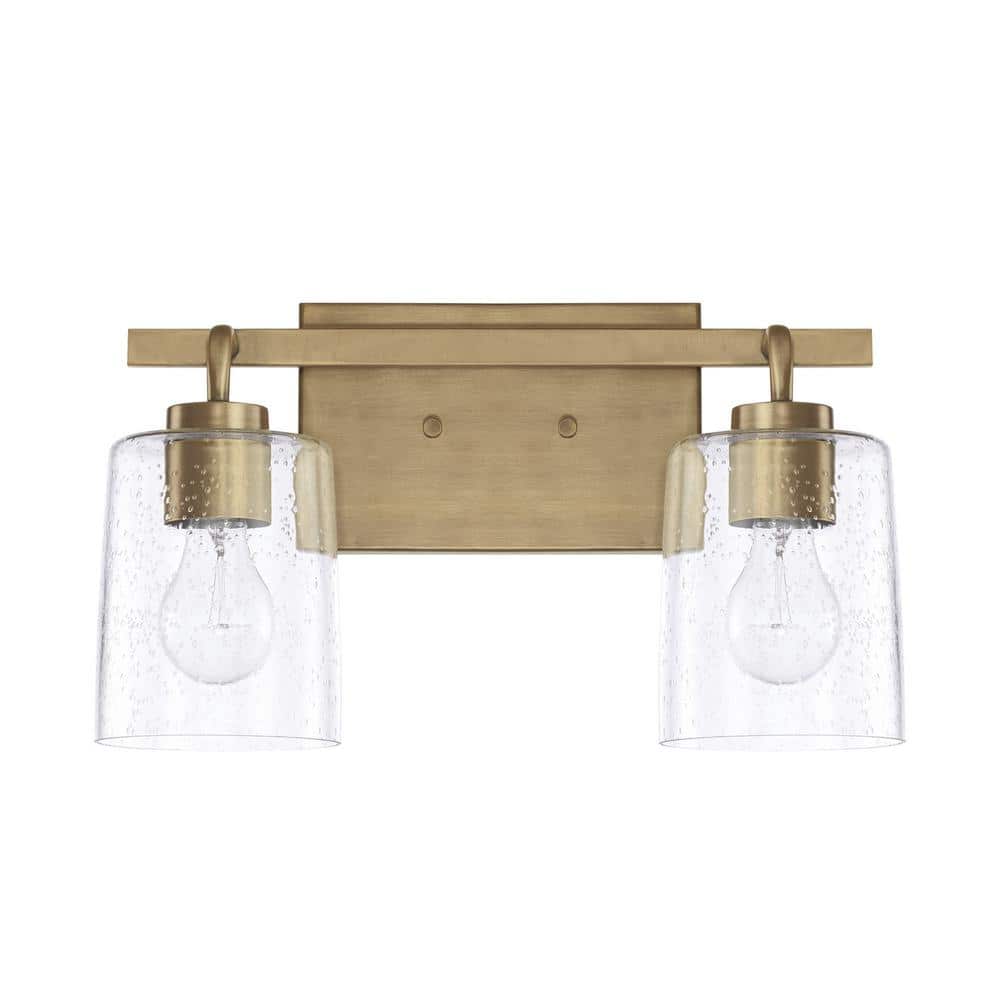 Aged Brass 2-Light Vanity Fixture with Clear Seeded Glass