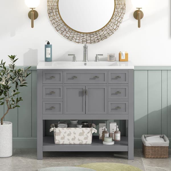 Xspracer Victoria 35 in. W x 18 in. D x 34 in. H Freestanding Single Sink Modern Bath Vanity in Grey with White Countertop