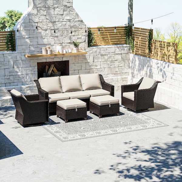 Gardenbee 5-Piece Wicker Outdoor Patio Conversation Sectional Set With Beige Cushions