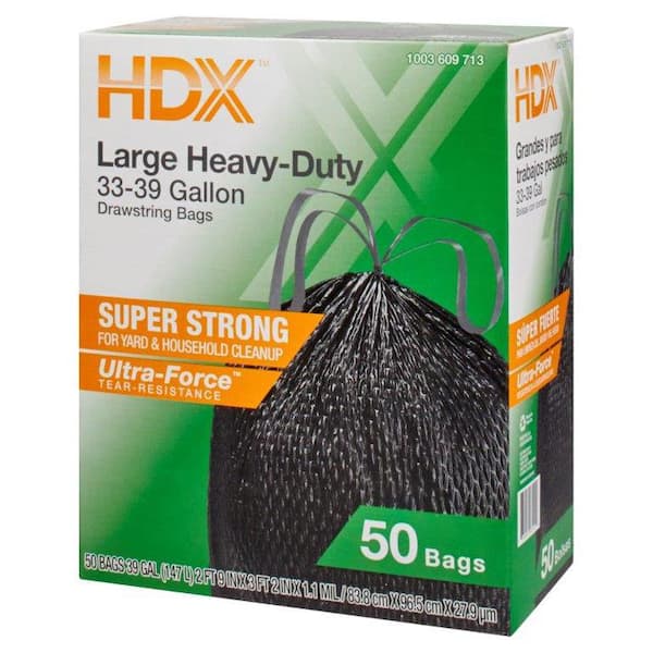 HDX 33-39 Gal. Black Heavy Duty Drawstring Trash Bags (50-Count