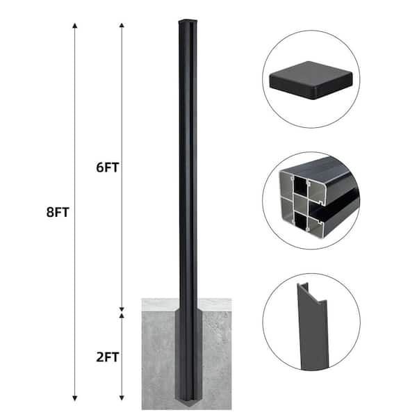 mondaria Composite Fence Series 2.8 in. x 2.8 in. x 8 ft. Aluminum In-Ground Fence Post in Black 1-pack
