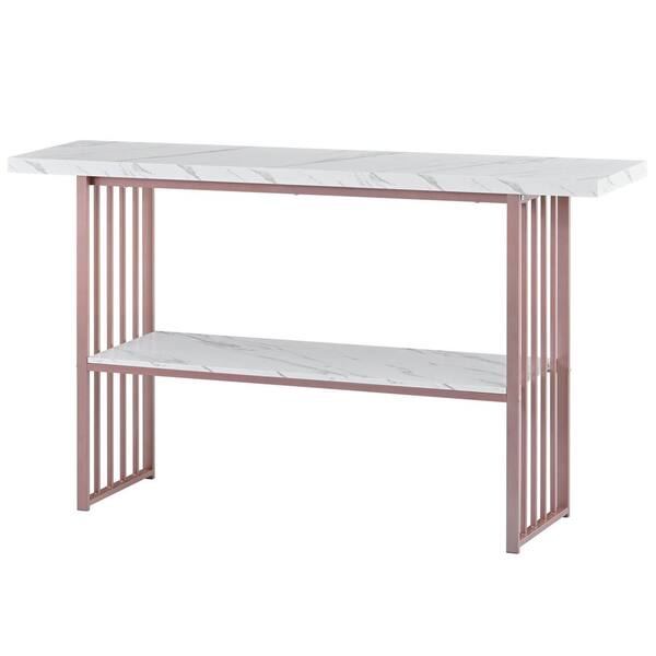 Unbranded Modern 63 in. White Pink Rectangle Wood Top Console Table with 2-tier Storage Shelves Extra Long Entryway Table