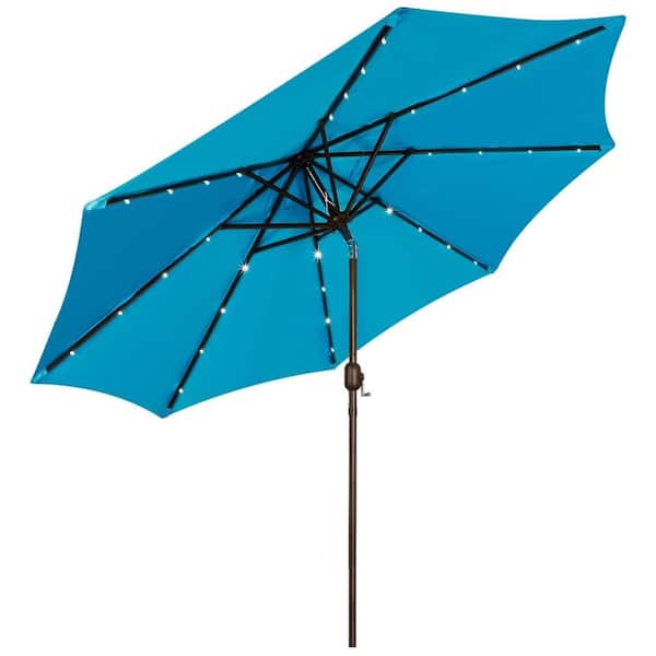 9 ft. Solar-Powered Market Patio Umbrella with 32 LED Lights and Tilt/Crank Lift in Light Blue