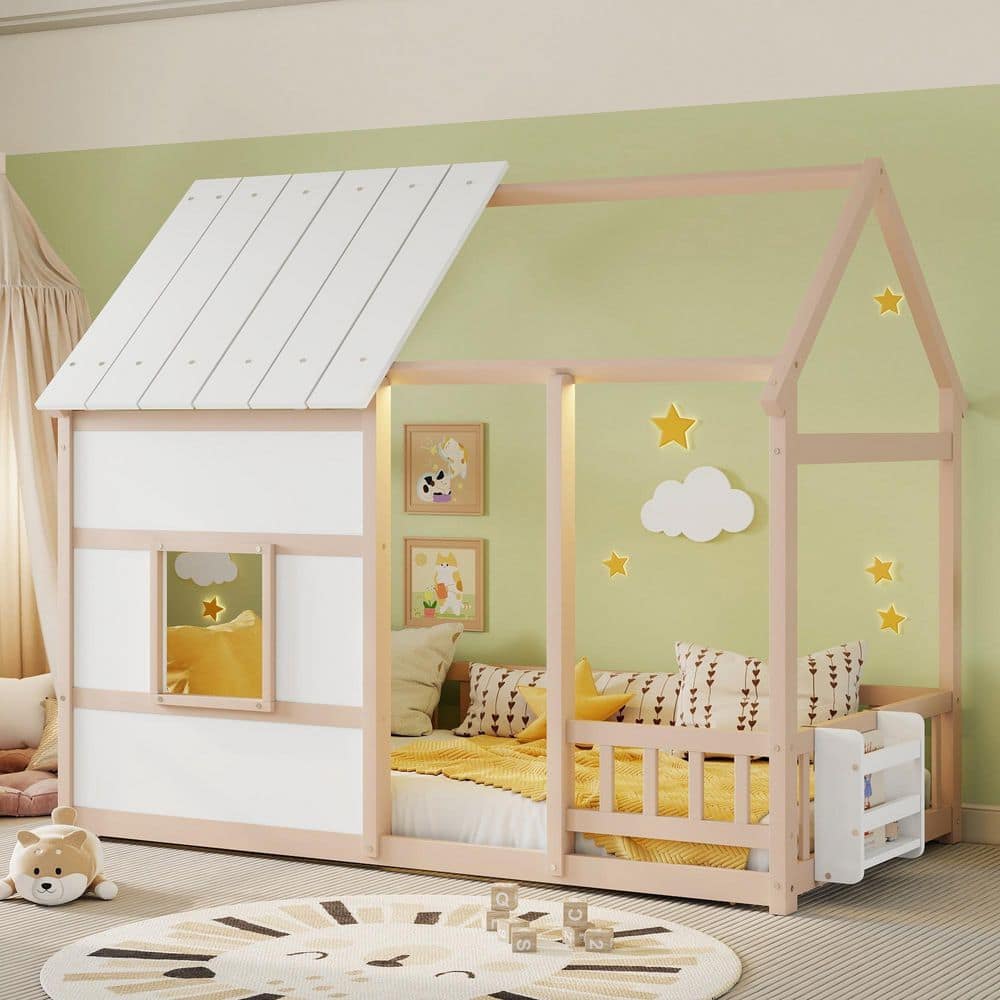 Kids House Bed with Roof Nude Pink Wood Frame Twin Platform Bed with LED Lights, Bookshelf and Safety Fence price history on PriceWatchPro