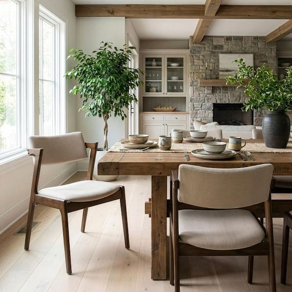 Auden Retro Modern Dark Brown Wood Wing Chair with Beige Fabric Seat (Set of 2)