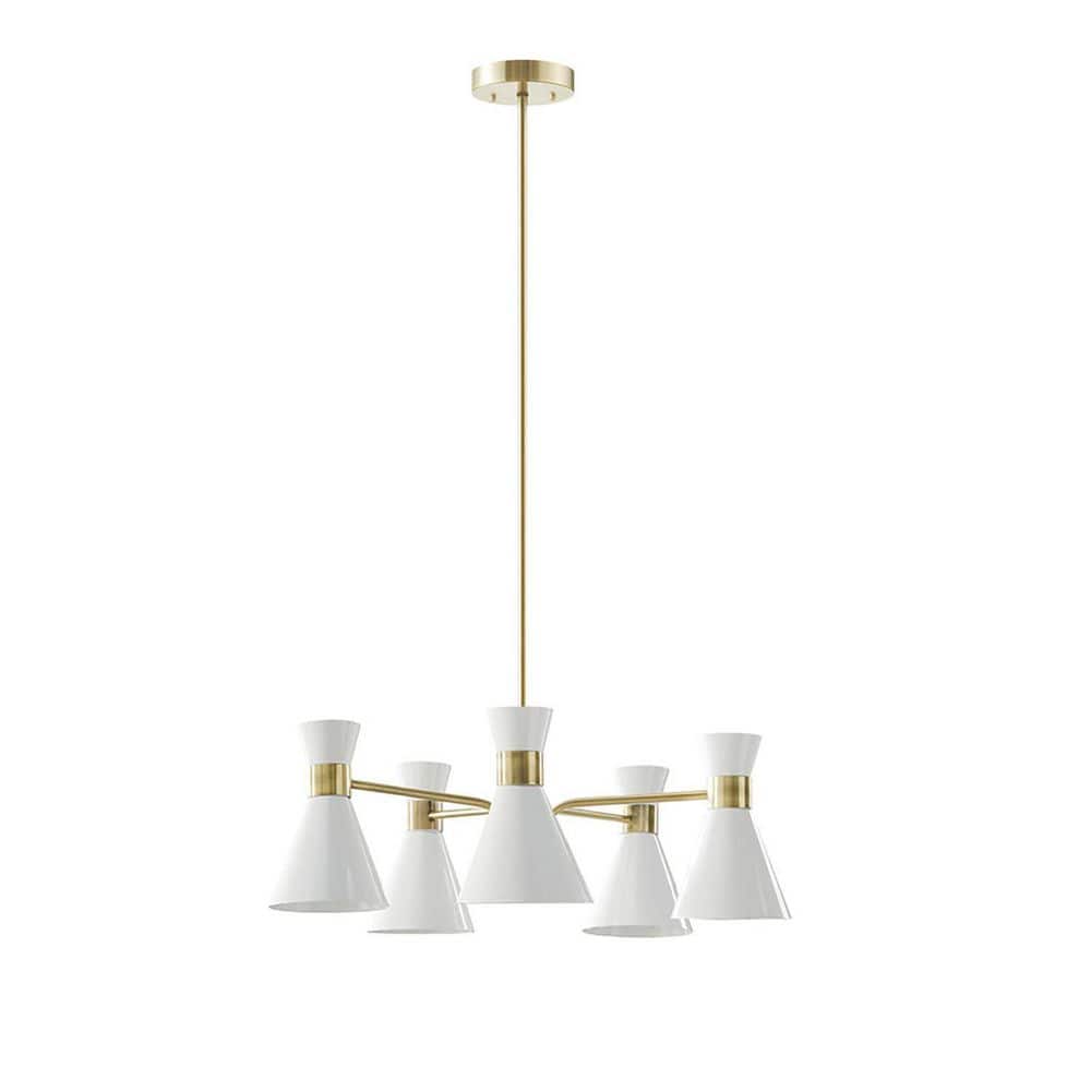 Ezra Mid-Century 5-Light Chandelier in Antique Brass with White Shades