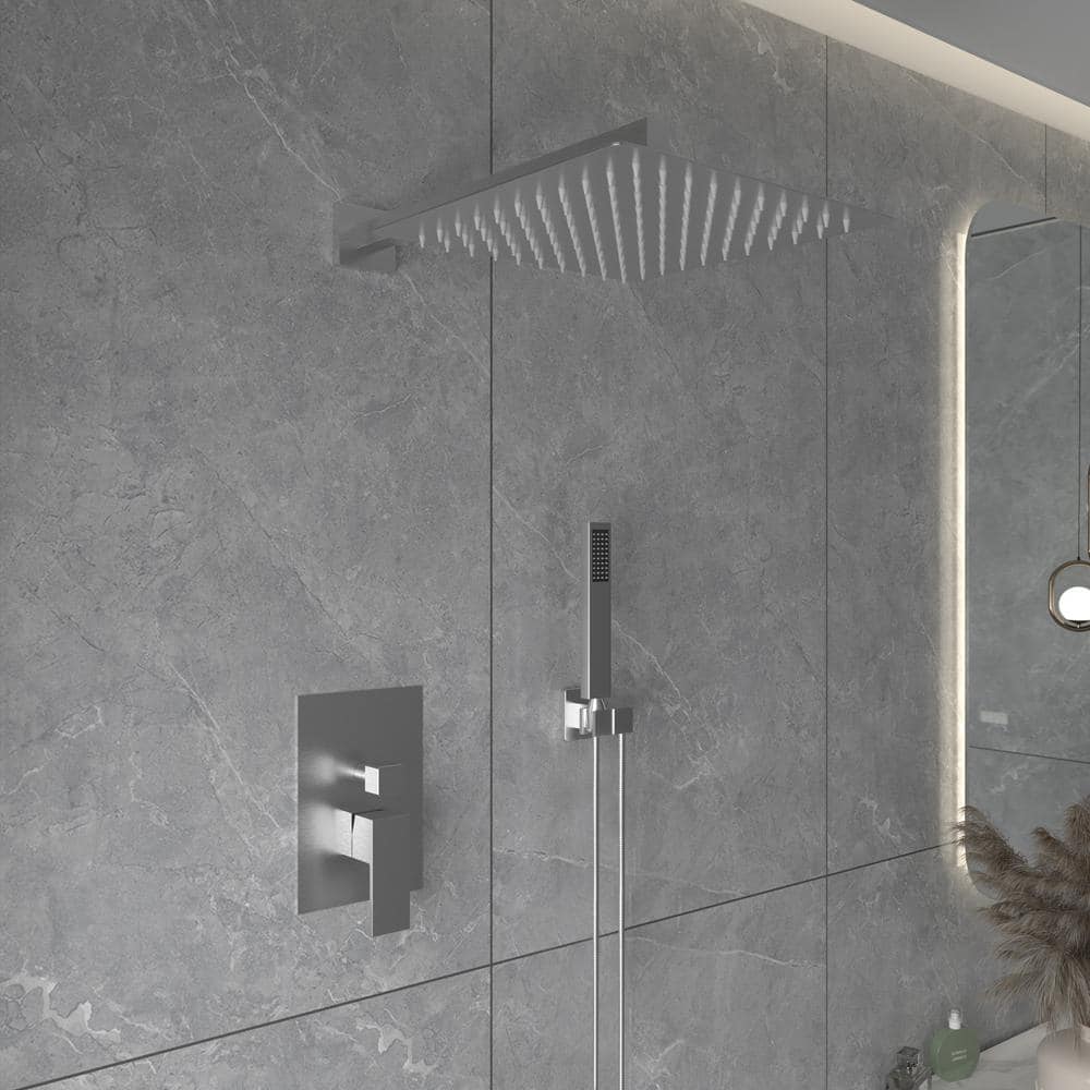 12-Inch Brushed Nickel Square Rain Shower System with Handheld