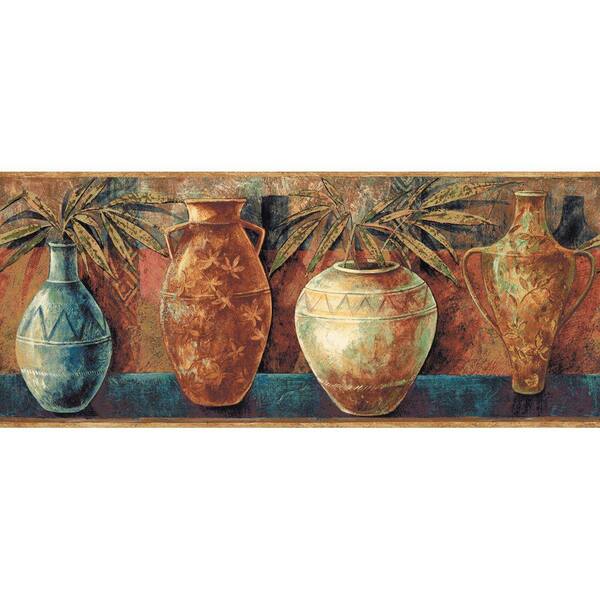 The Wallpaper Company 8.75 in. x 15 ft. Orange Jewel Tone Ethnic Vases Border-DISCONTINUED