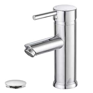 Simple Single-Handle Single-Hole Bathroom Brass Sink Faucet with Pop-Up Drain Assembly Kit Included in Polished Chrome