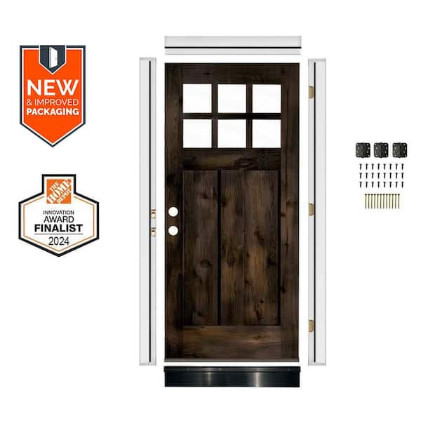 DIY 32 in. x 80 in. Knotty Alder Right-Hand 6 Lite Clear Glass Black Stain Wood Front Door Kit w/ Quick Assemble Jamb