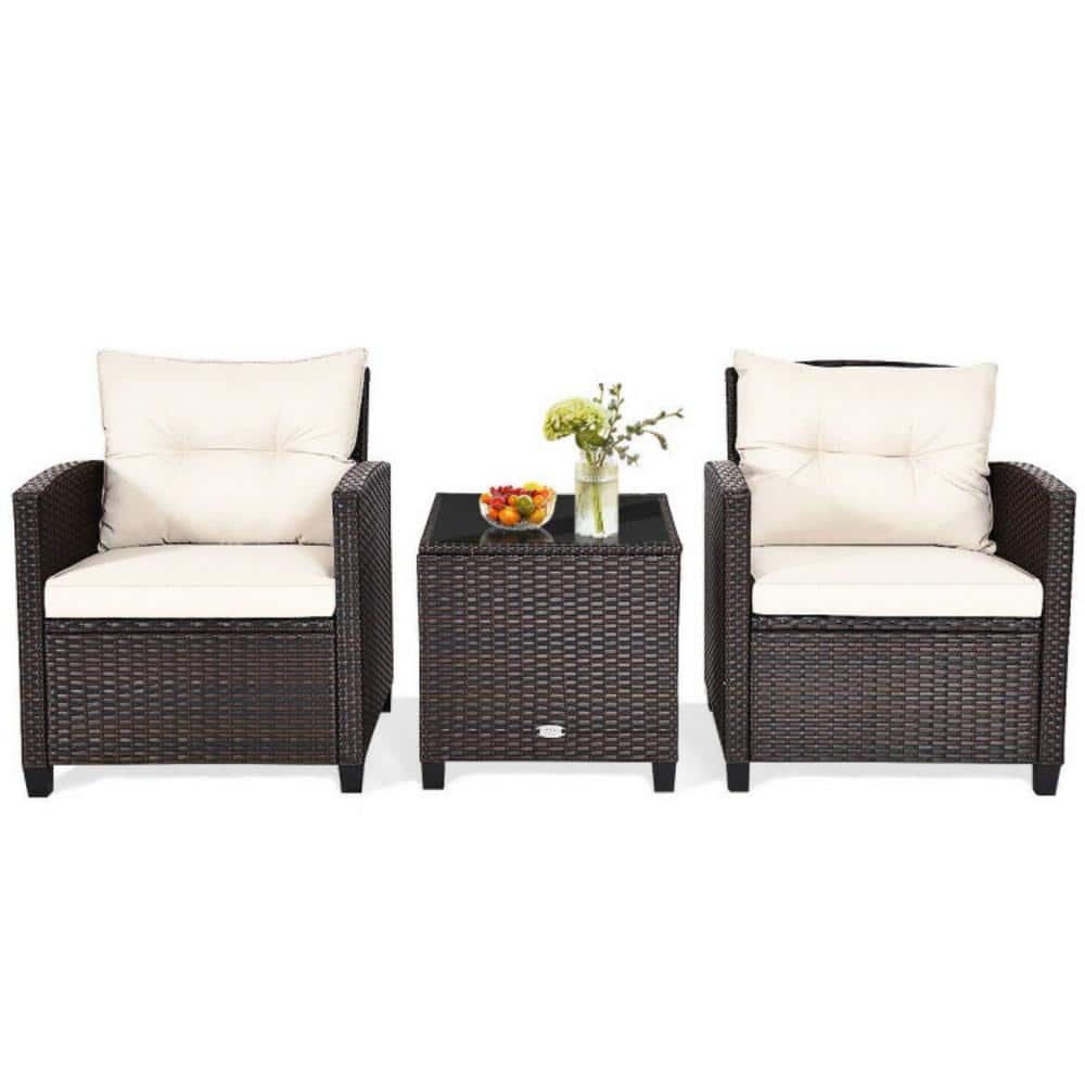 3-Piece Wicker Patio Conversation Set Rattan Furniture Set with White Washable Cushion price history on PriceWatchPro