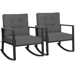 2-Pieces Patio Rattan Rocker Chair Outdoor Glider Rocking Chair Cushion Lawn Grey