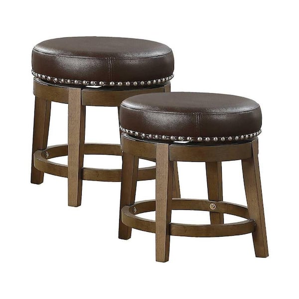 EVERGLADE HOME Paran 19.5 in. Brown Backless Wood Frame Round Swivel Dining Bar Stool with Brown Faux Leather Seat (Set of 2)